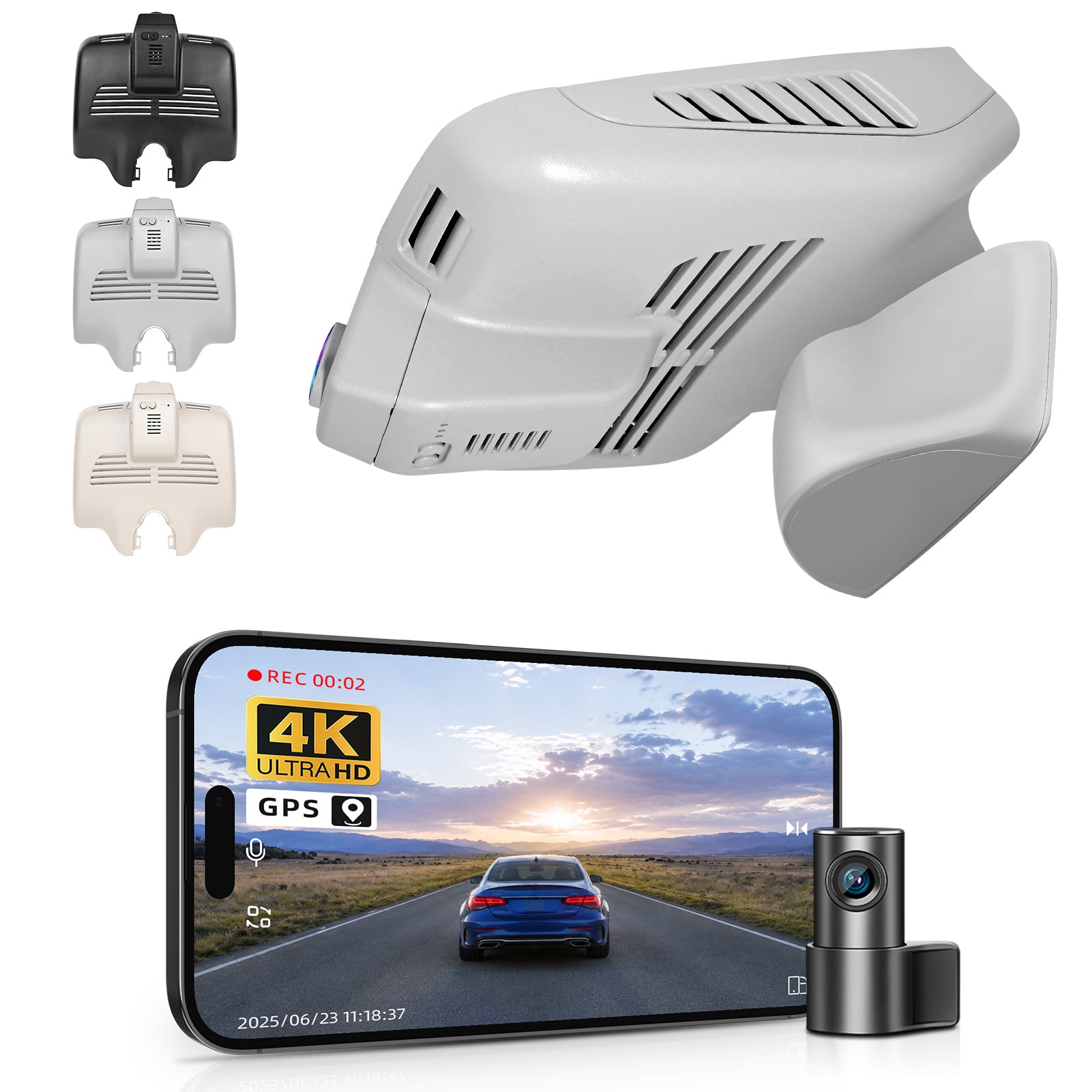 2 channel dash cam with dual STARVIS 2, features smartphone app control, 4K Ultra HD recording, GPS tracking, and Benz C-Class Gen4 in the background. 