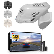 2 channel dash cam with dual STARVIS 2, features smartphone app control, 4K Ultra HD recording, GPS tracking, and Benz C-Class Gen4 in the background. 