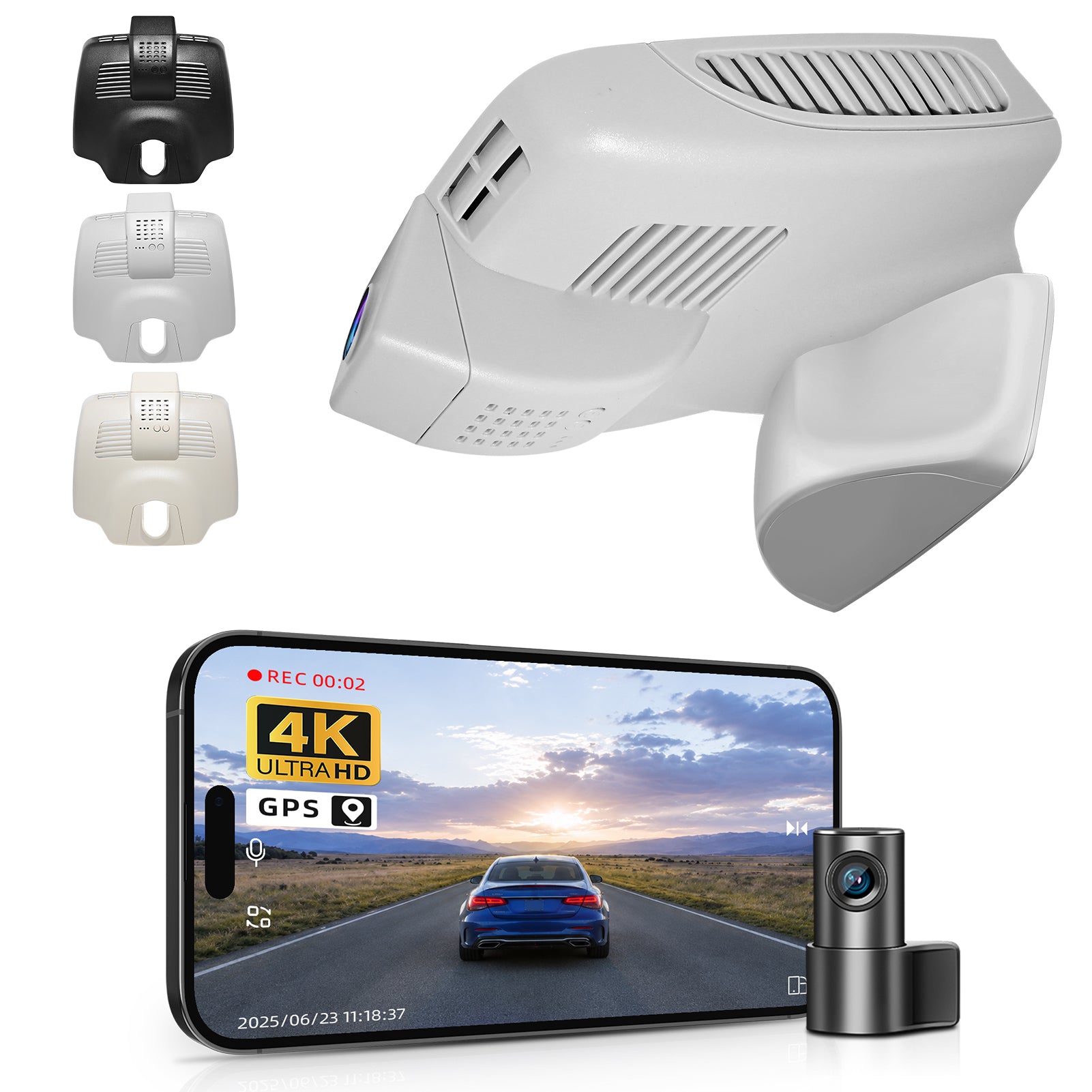 2 channel dash cam with dual STARVIS 2, features smartphone app control, 4K Ultra HD recording, GPS tracking, and Benz C-Class Gen4 in the background. 