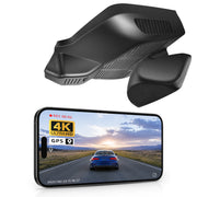 Car rearview mirror built-in dash cam with smartphone app control, 4K Ultra HD recording, GPS tracking, and Benz E-Class Gen6 models in the background.