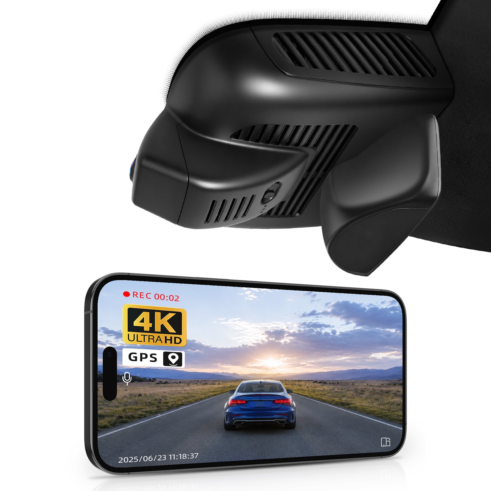 Car rearview mirror built-in dash cam with smartphone app control, 4K Ultra HD recording, GPS tracking, and Benz GLB models in the background.