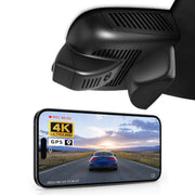 Car rearview mirror built-in dash cam with smartphone app control, 4K Ultra HD recording, GPS tracking, and Benz GLB models in the background.