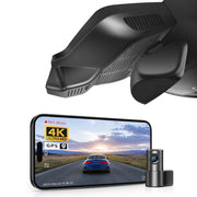 2 channel dash cam with dual STARVIS 2, features smartphone app control, 4K Ultra HD recording, GPS tracking, and Benz C-Class Gen6 in the background. 