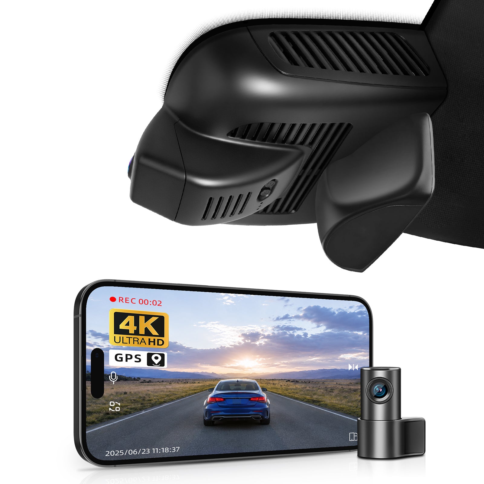 2 channel dash cam with dual STARVIS 2, features smartphone app control, 4K Ultra HD recording, GPS tracking, and Benz GLB models in the background. 