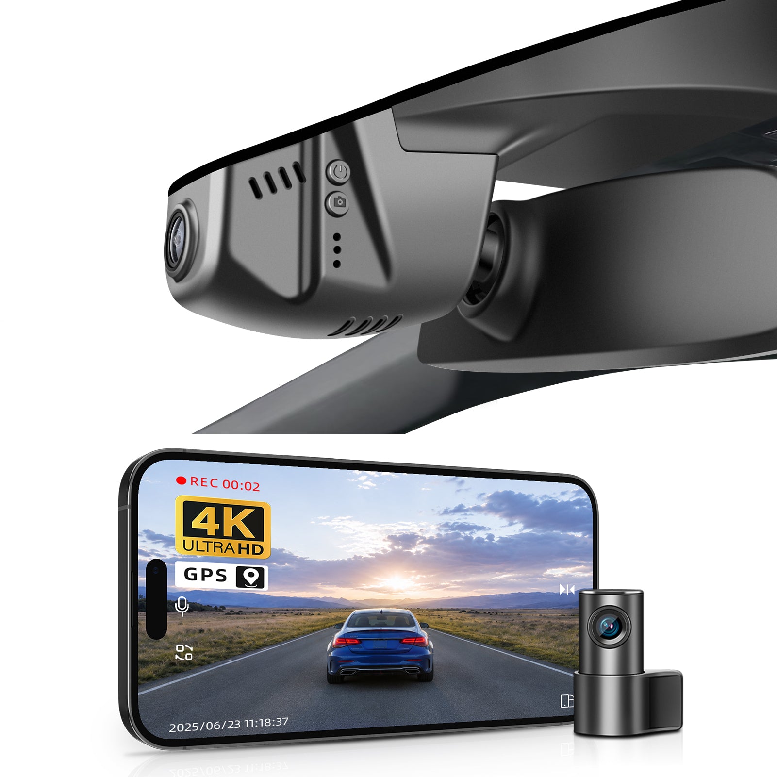 2 channel dash cam with dual STARVIS 2, features smartphone app control, 4K Ultra HD recording, GPS tracking, and Volkswagen Arteon Coupe models in the background.  