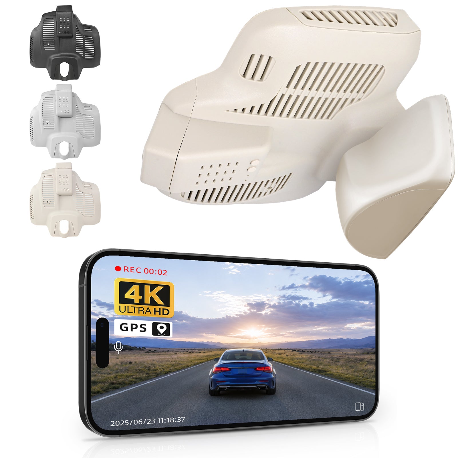 2 channel dash cam with dual STARVIS 2, features smartphone app control, 4K Ultra HD recording, GPS tracking, and Benz C-Class Gen4 in the background. 