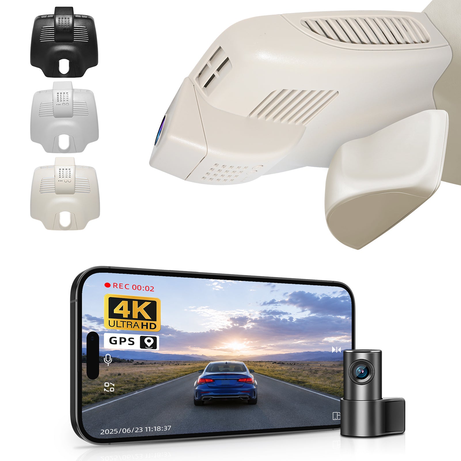 2 channel dash cam with dual STARVIS 2, features smartphone app control, 4K Ultra HD recording, GPS tracking, and Benz C-Class Gen4 in the background. 