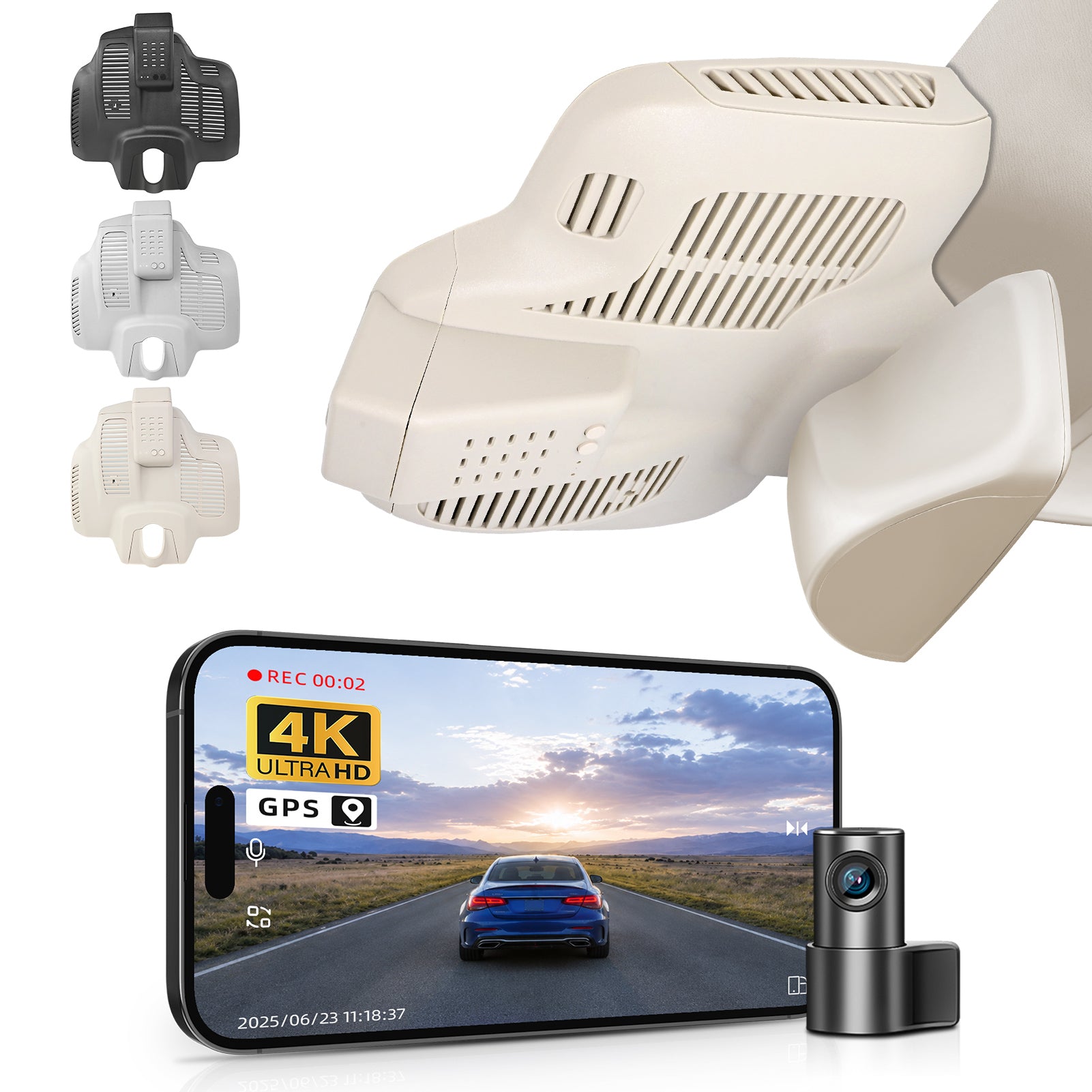 2 channel dash cam with dual STARVIS 2, features smartphone app control, 4K Ultra HD recording, GPS tracking, and Benz C-Class Gen4 in the background. 