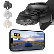 Car rearview mirror built-in dash cam with smartphone app control, 4K Ultra HD recording, GPS tracking, and Benz E-Class Gen5 models in the background.