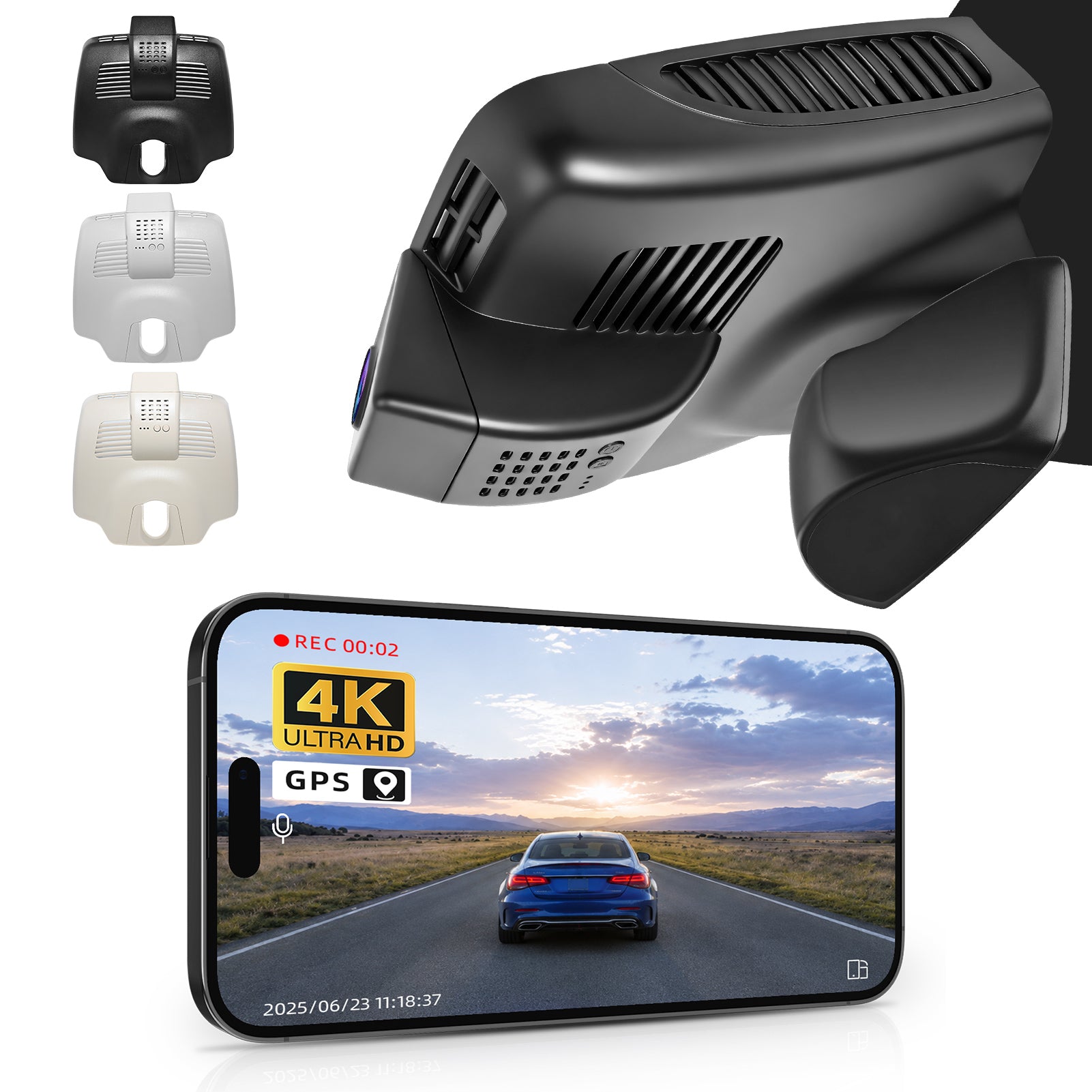 Mangoal Car rearview mirror built-in dash cam with smartphone app control, 4K Ultra HD recording, GPS tracking, and Benz GLC SUV models in the background.