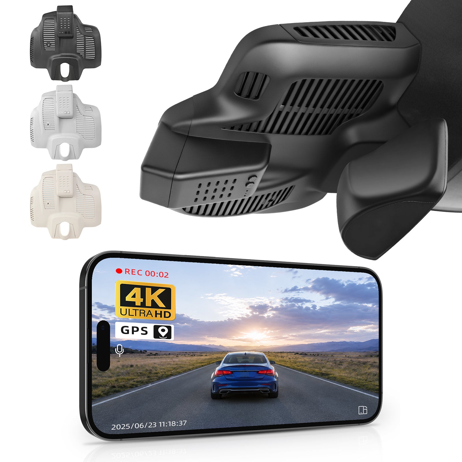 2 channel dash cam with dual STARVIS 2, features smartphone app control, 4K Ultra HD recording, GPS tracking, and Benz C-Class Gen4 in the background. 