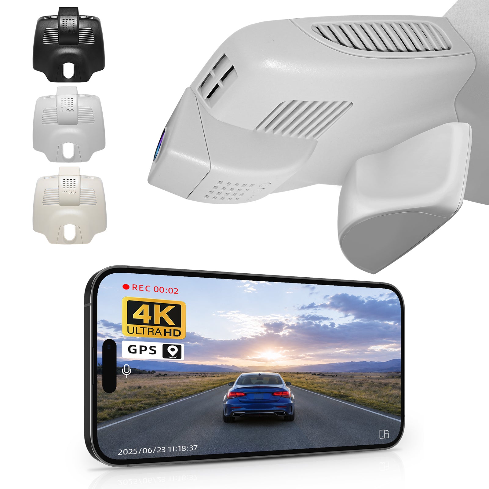 Car rearview mirror built-in dash cam with smartphone app control, 4K Ultra HD recording, GPS tracking, and Benz C-Class Gen4 models in the background.