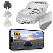 Car rearview mirror built-in dash cam with smartphone app control, 4K Ultra HD recording, GPS tracking, and Benz E-Class Gen5 models in the background.