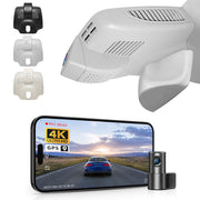 2 channel dash cam with dual STARVIS 2, features smartphone app control, 4K Ultra HD recording, GPS tracking, and Benz C-Class Gen4 in the background. 