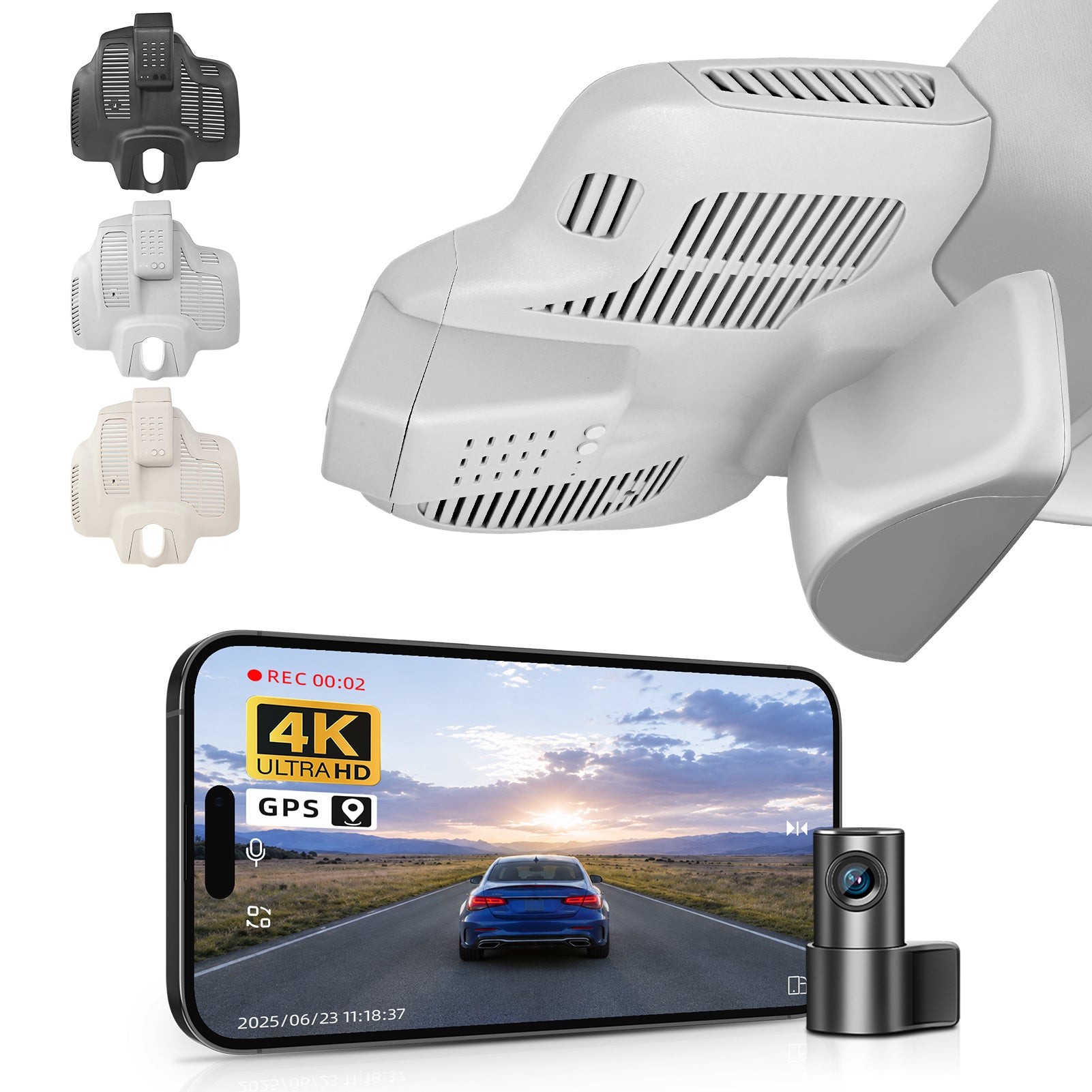 2 channel dash cam with dual STARVIS 2, features smartphone app control, 4K Ultra HD recording, GPS tracking, and Benz C-Class Gen4 in the background. 
