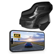 Car rearview mirror built-in dash cam with smartphone app control, 4K Ultra HD recording, GPS tracking, and Benz GLB models in the background.