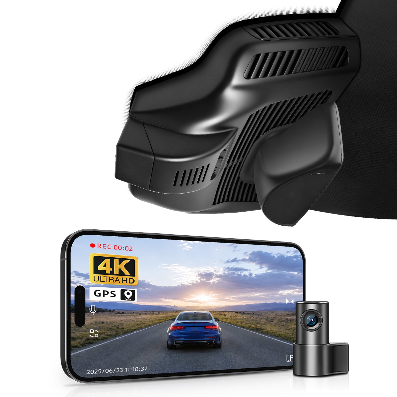 2 channel dash cam with dual STARVIS 2, features smartphone app control, 4K Ultra HD recording, GPS tracking, and Benz GLB models in the background. 