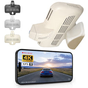 Mangoal Car rearview mirror built-in dash cam with smartphone app control, 4K Ultra HD recording, GPS tracking, and Benz GLC SUV models in the background.