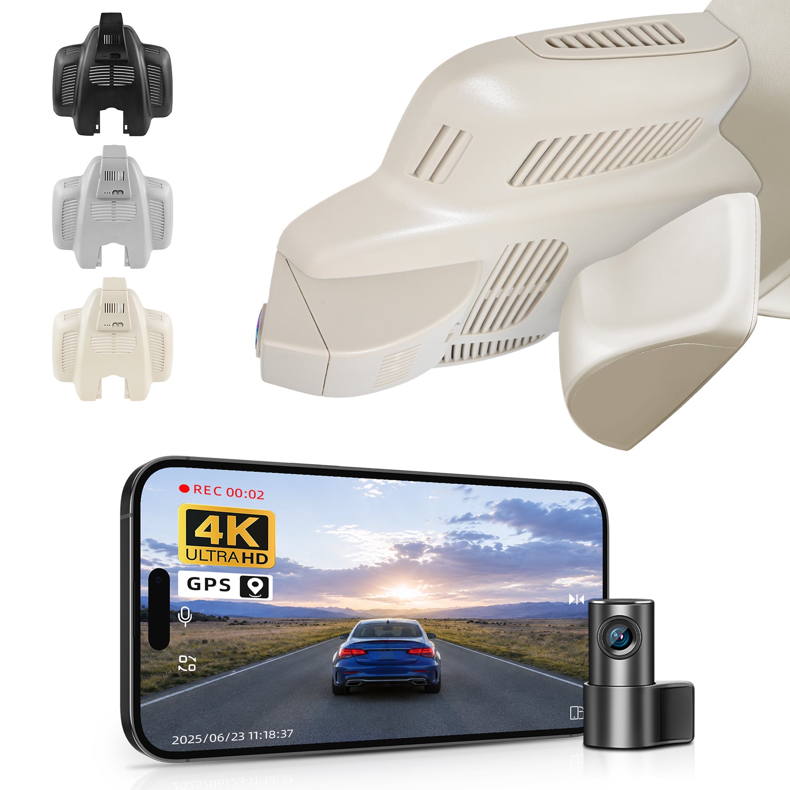2 channel dash cam with dual STARVIS 2, features smartphone app control, 4K Ultra HD recording, GPS tracking, and Benz C-Class Gen4 in the background. 
