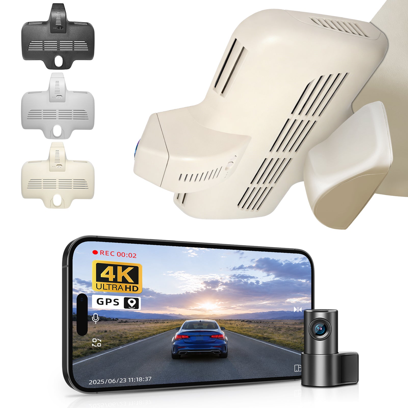 Mangoal 2 channel dash cam with dual STARVIS 2, features smartphone app control, 4K Ultra HD recording, GPS tracking, and Benz GLC SUV models in the background. 