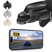 Car rearview mirror built-in dash cam with smartphone app control, 4K Ultra HD recording, GPS tracking, and Benz E-Class Gen5 models in the background.