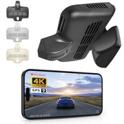 Mangoal Car rearview mirror built-in dash cam with smartphone app control, 4K Ultra HD recording, GPS tracking, and Benz GLC SUV models in the background.