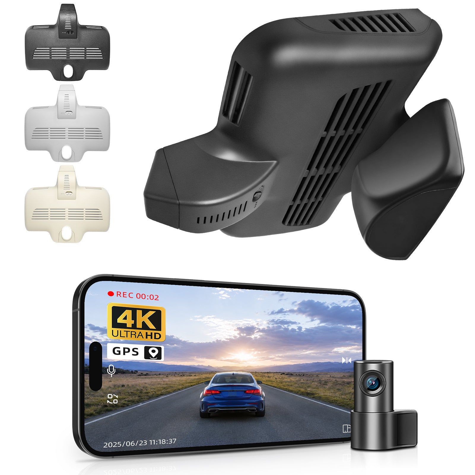 2 channel dash cam with dual STARVIS 2, features smartphone app control, 4K Ultra HD recording, GPS tracking, and Benz C-Class Gen4 in the background. 