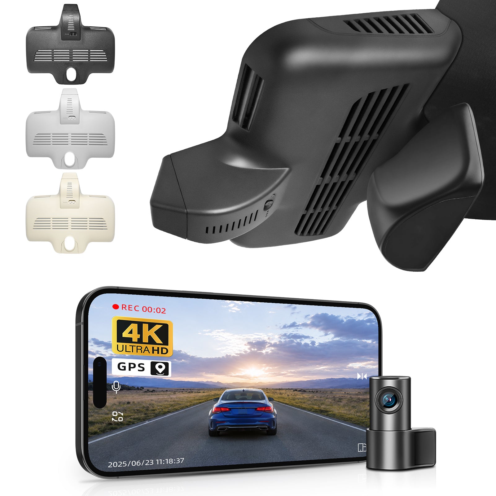Mangoal 2 channel dash cam with dual STARVIS 2, features smartphone app control, 4K Ultra HD recording, GPS tracking, and Benz GLC car models in the background. 