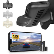 Mangoal 2 channel dash cam with dual STARVIS 2, features smartphone app control, 4K Ultra HD recording, GPS tracking, and Benz GLC car models in the background. 