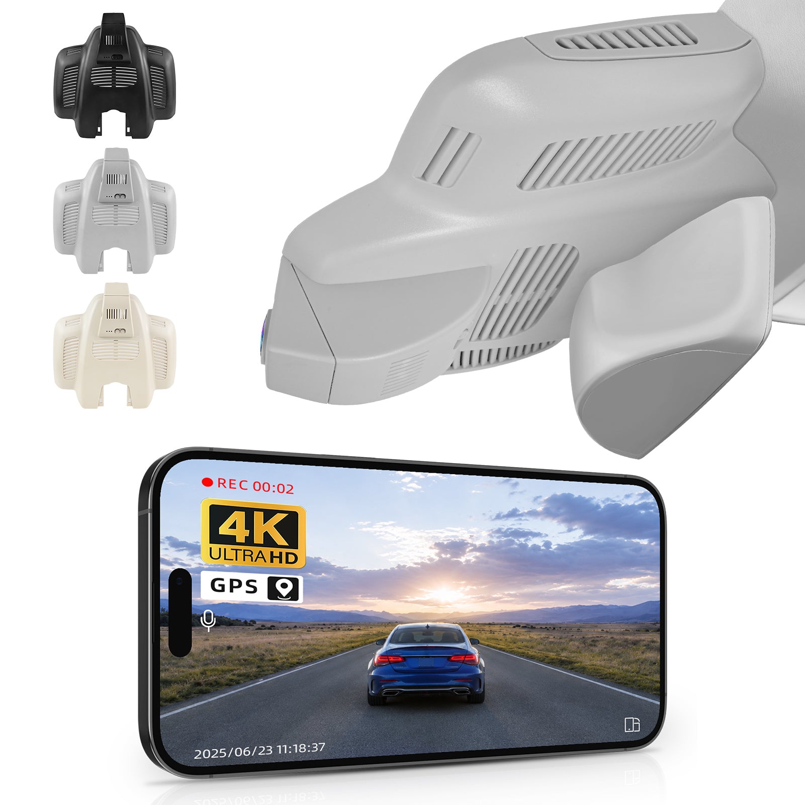 Car rearview mirror built-in dash cam with smartphone app control, 4K Ultra HD recording, GPS tracking, and Benz E-Class Gen5 models in the background.