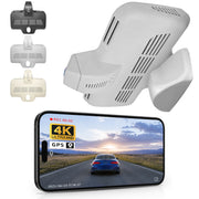 Mangoal Car rearview mirror built-in dash cam with smartphone app control, 4K Ultra HD recording, GPS tracking, and Benz GLC SUV models in the background.