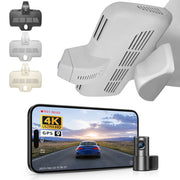 2 channel dash cam with dual STARVIS 2, features smartphone app control, 4K Ultra HD recording, GPS tracking, and Benz C-Class Gen4 in the background. 