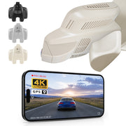 Car rearview mirror built-in dash cam with smartphone app control, 4K Ultra HD recording, GPS tracking, and Benz C-Class Gen4 models in the background.