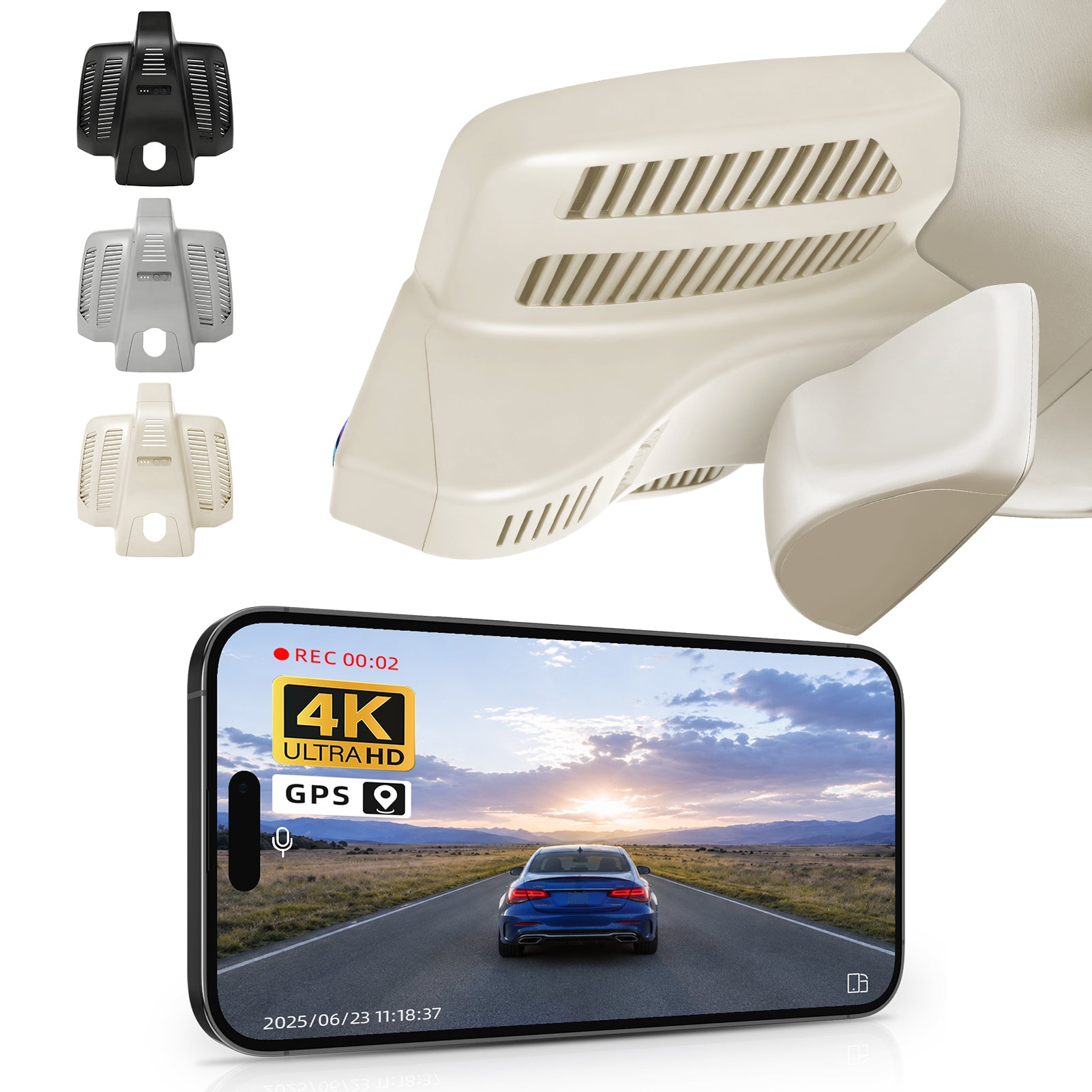 2 channel dash cam with dual STARVIS 2, features smartphone app control, 4K Ultra HD recording, GPS tracking, and Benz C-Class Gen4 in the background. 