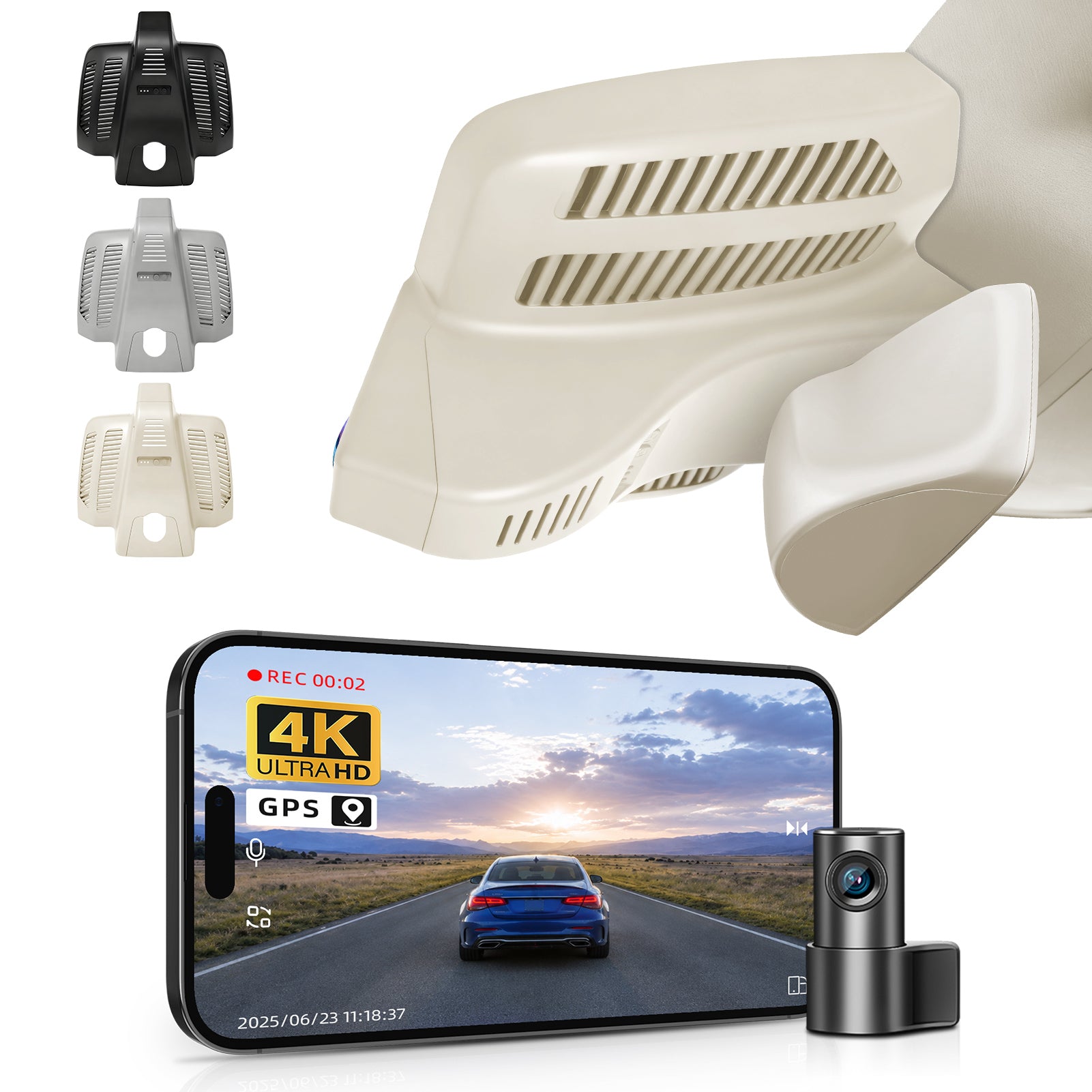 2 channel dash cam with dual STARVIS 2, features smartphone app control, 4K Ultra HD recording, GPS tracking, and Benz C-Class Gen4 in the background. 