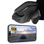 Mangoal Car rearview mirror built-in dash cam with smartphone app control, 4K Ultra HD recording, GPS tracking, and Benz GLC SUV models in the background.