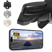 2 channel dash cam with dual STARVIS 2, features smartphone app control, 4K Ultra HD recording, GPS tracking, and Benz C-Class Gen4 in the background. 