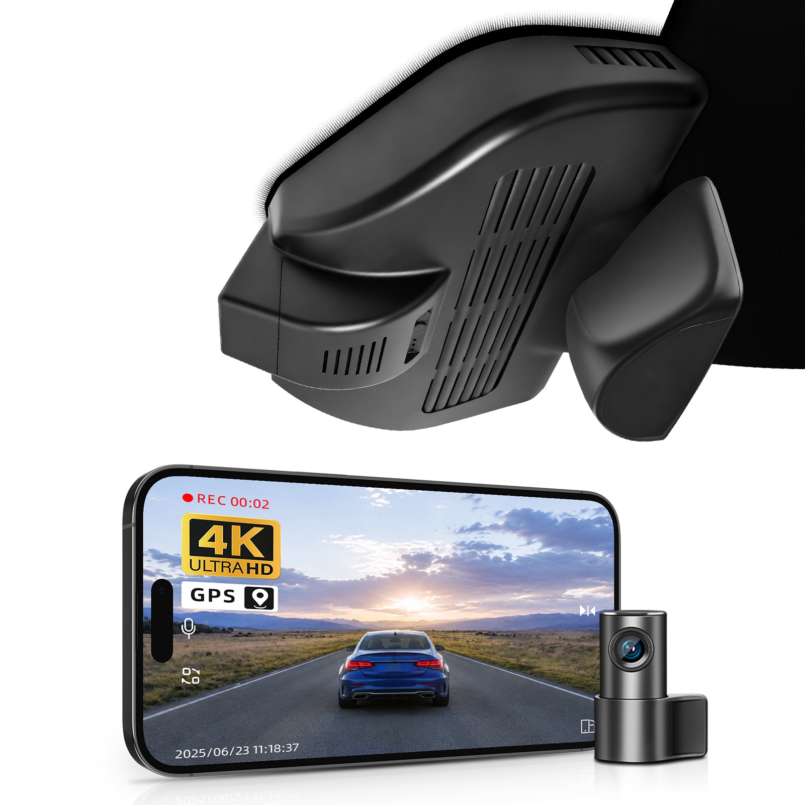 Mangoal 2 channel dash cam with dual STARVIS 2, features smartphone app control, 4K Ultra HD recording, GPS tracking, and Benz GLC car models in the background. 