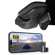 Mangoal 2 channel dash cam with dual STARVIS 2, features smartphone app control, 4K Ultra HD recording, GPS tracking, and Benz GLC car models in the background. 