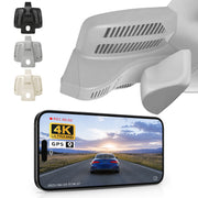 Car rearview mirror built-in dash cam with smartphone app control, 4K Ultra HD recording, GPS tracking, and Benz E-Class Gen5 models in the background.