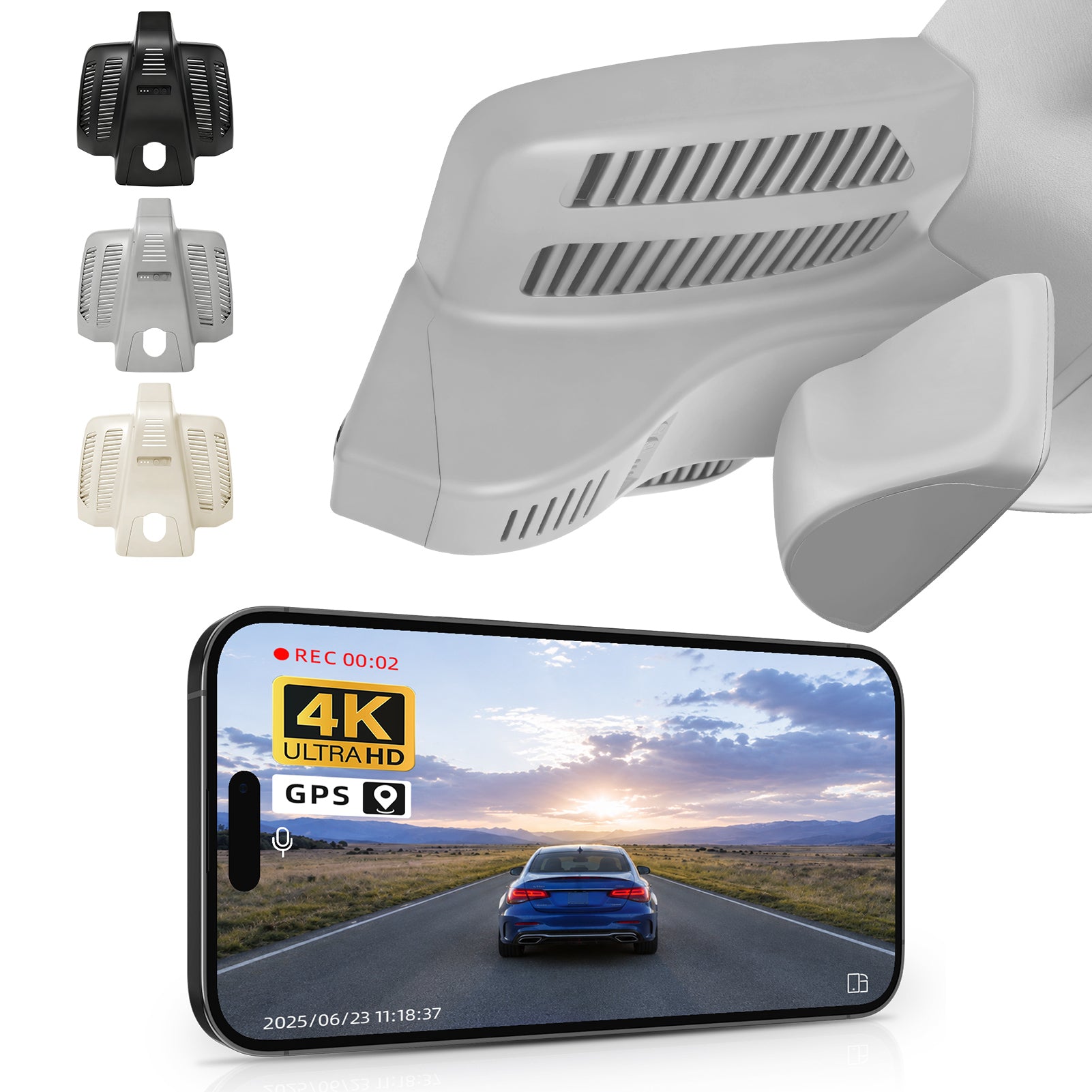 Car rearview mirror built-in dash cam with smartphone app control, 4K Ultra HD recording, GPS tracking, and Benz E-Class Gen5 models in the background.