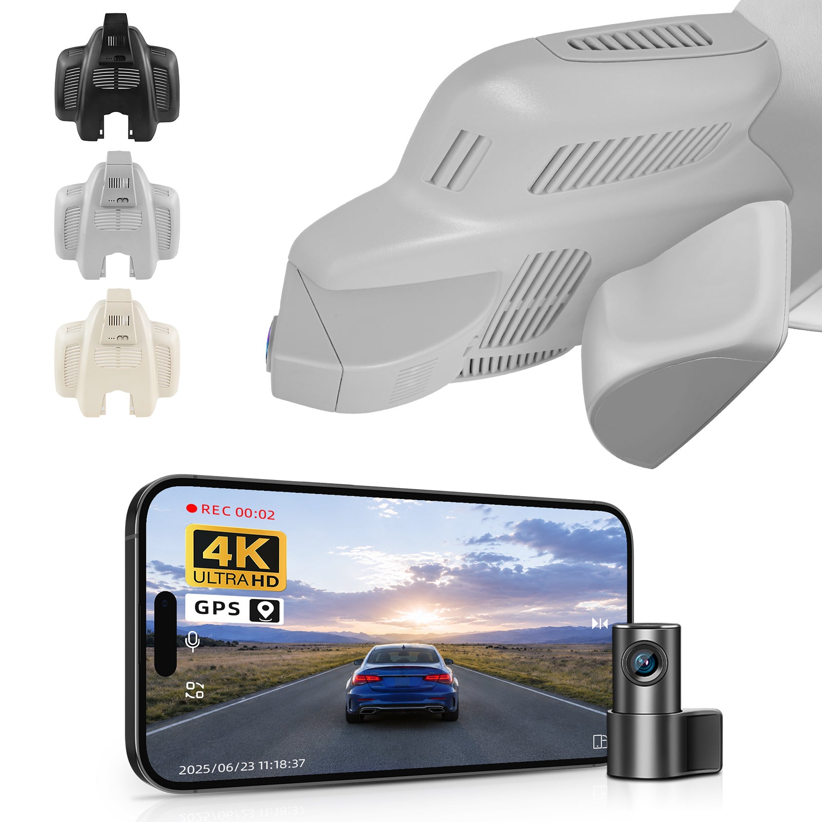 2 channel dash cam with dual STARVIS 2, features smartphone app control, 4K Ultra HD recording, GPS tracking, and Benz C-Class Gen4 in the background. 