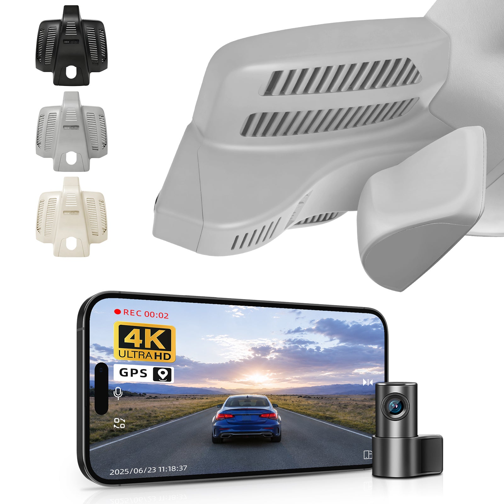 2 channel dash cam with dual STARVIS 2, features smartphone app control, 4K Ultra HD recording, GPS tracking, and Benz C-Class Gen4 in the background. 