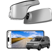 Car rearview mirror built-in dash cam with smartphone app control, 4K Ultra HD recording, GPS tracking, and Volkswagen Caddy MPV models in the background.
