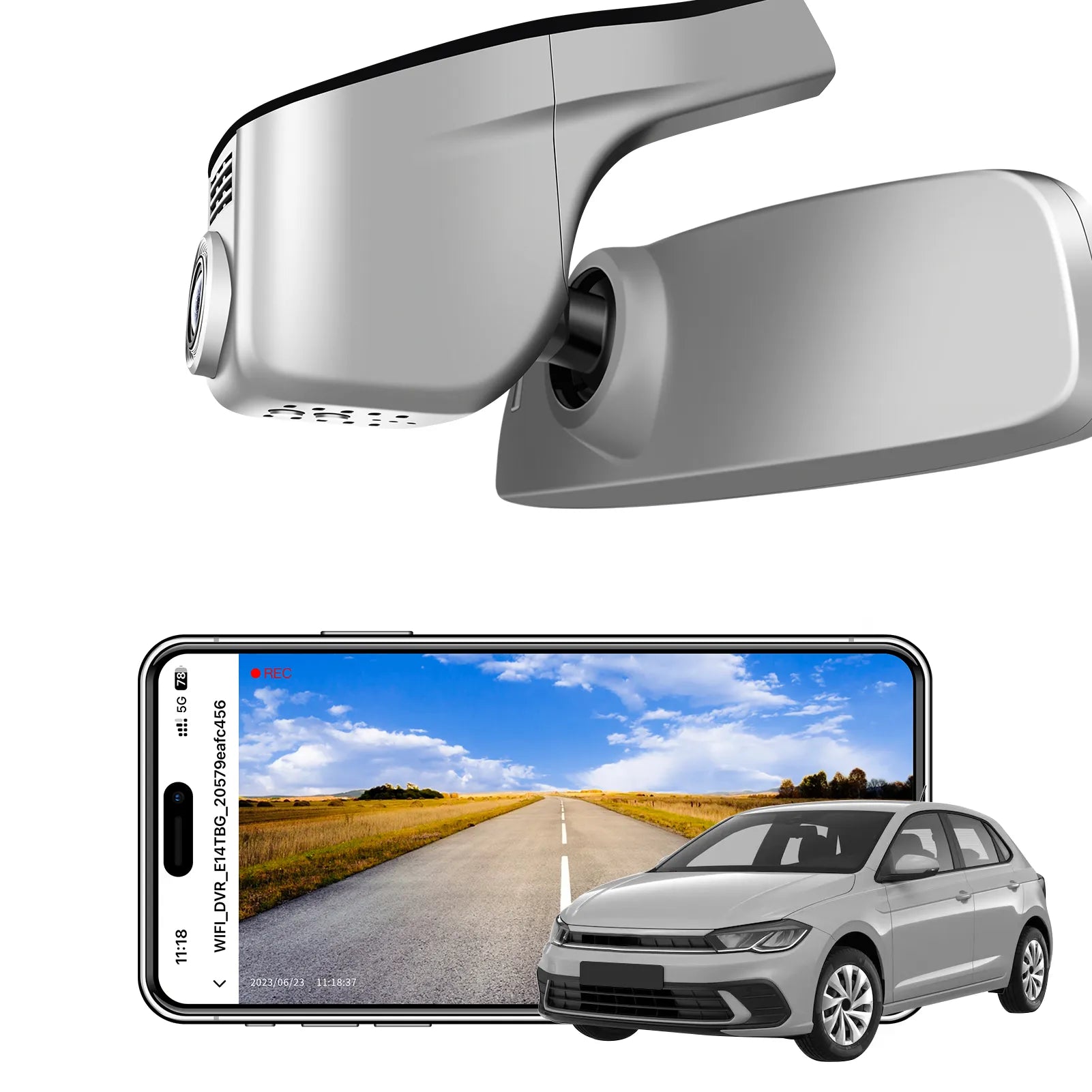 Car rearview mirror built-in dash cam with smartphone app control, 4K Ultra HD recording, GPS tracking, and Volkswagen POLO Sedans models in the background.