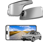 Car rearview mirror built-in dash cam with smartphone app control, 4K Ultra HD recording, GPS tracking, and Volkswagen POLO Sedans models in the background.