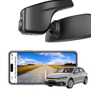 Car rearview mirror built-in dash cam with smartphone app control, 4K Ultra HD recording, GPS tracking, and Volkswagen POLO Sedans models in the background.