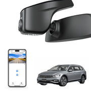 Car rearview mirror built-in dash cam with smartphone app control, 4K Ultra HD recording, GPS tracking, and Volkswagen Passat Sedan models in the background.