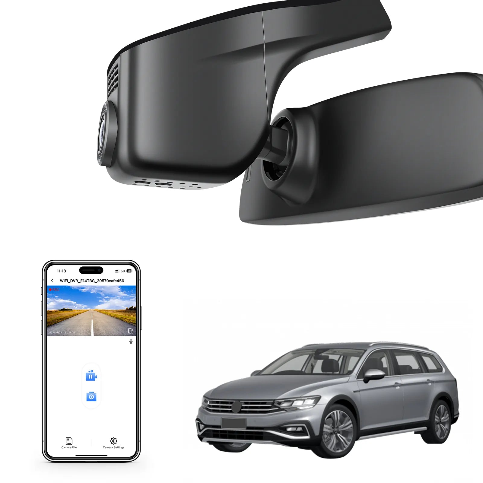 Car rearview mirror built-in dash cam with smartphone app control, 4K Ultra HD recording, GPS tracking, and Volkswagen Passat Sedan models in the background.