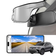 Car rearview mirror built-in dash cam with smartphone app control, 4K Ultra HD recording, GPS tracking, and Volkswagen Taos SUV models in the background.